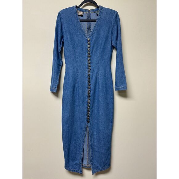 EXPRESS Vintage 80's Denim Long Sleeve Midi Dress Button Front V-Neck, Sz 6 - Picture 3 of 13